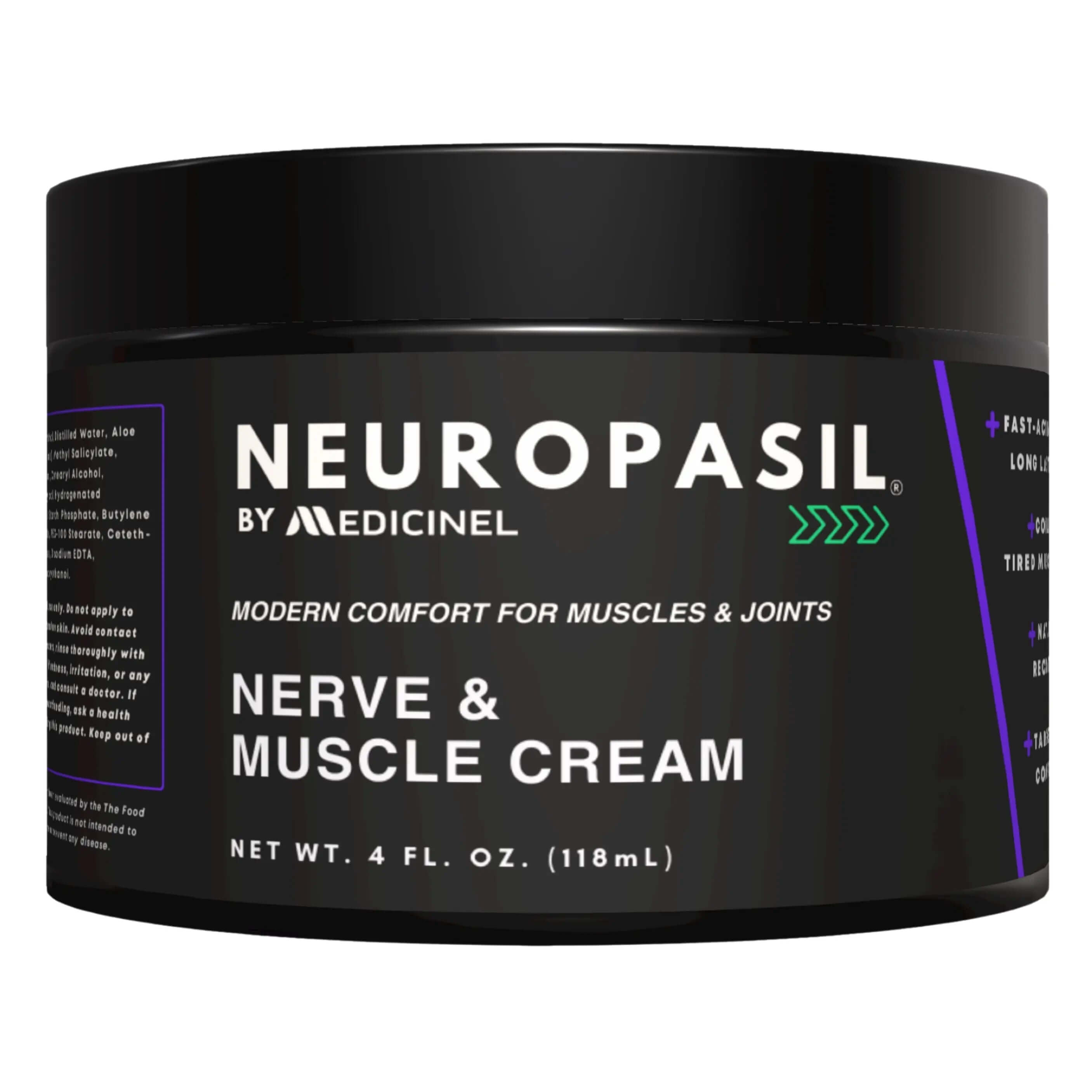 Neuropasil Nerve & Muscle Relief Cream 4 oz jar for sciatica, arthritis, and neuropathy pain. Fast-acting topical pain relief for joints and muscles.