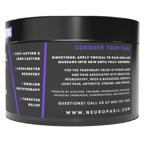 Side label of Neuropasil Nerve Pain & Muscle Cream showing usage directions and benefits like cooling cryotherapy and targeted relief.