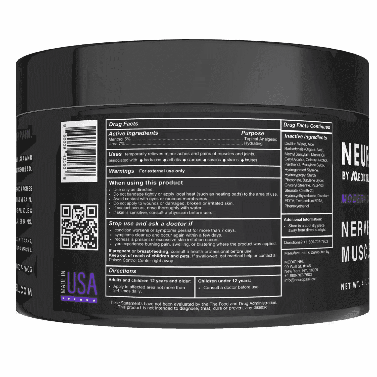 Neuropasil cream jar with drug facts and ingredients label, highlighting menthol and urea for pain relief and hydration.