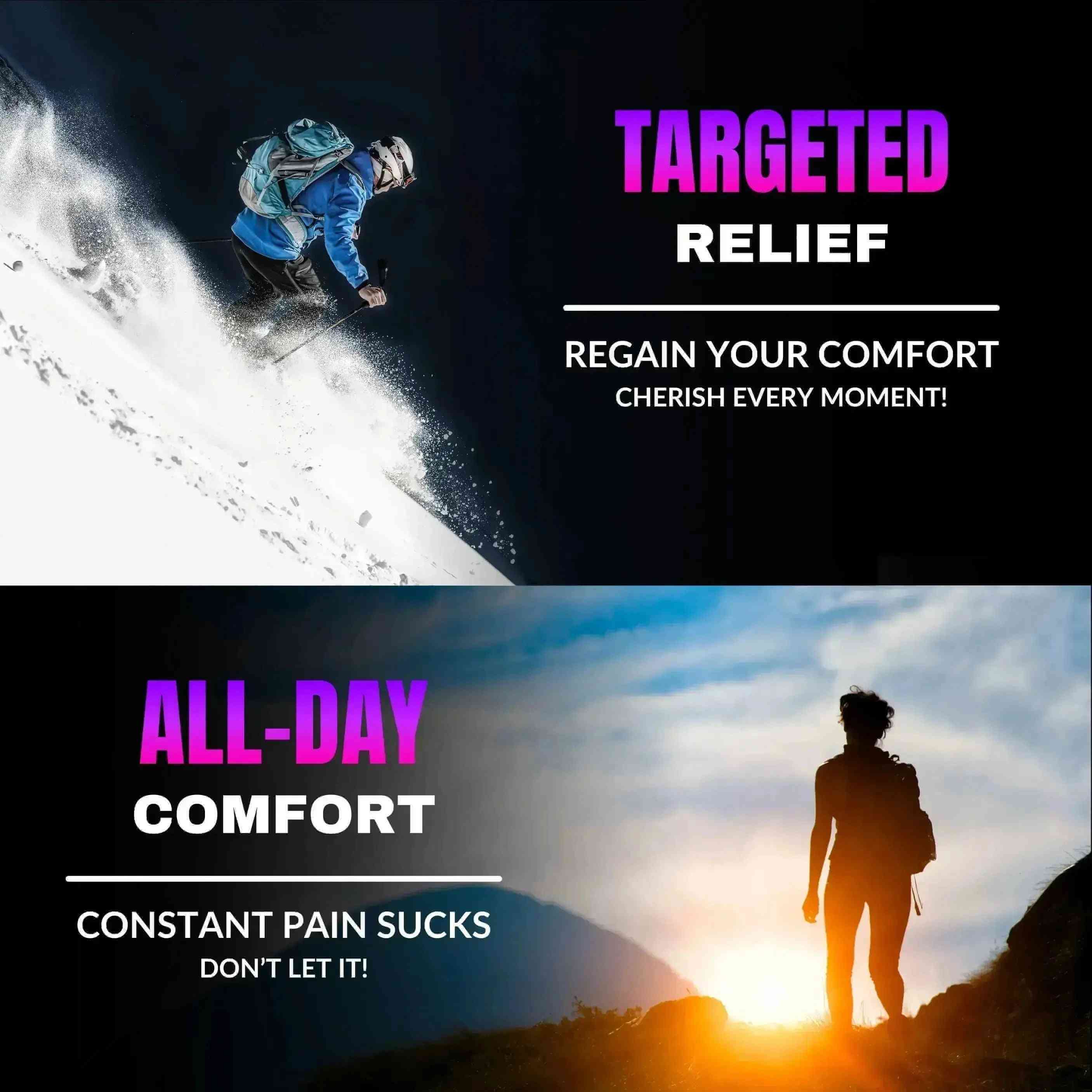 Targeted relief and all-day comfort benefits of Neuropasil Nerve Pain & Muscle Cream shown with active lifestyle imagery.