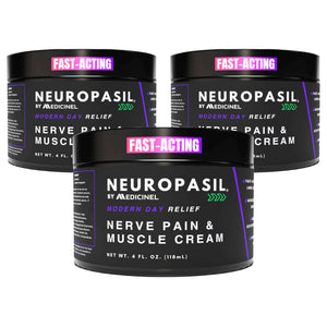 Three-pack of Neuropasil Nerve Pain & Muscle Cream 4 oz jars offering value bundle for long-term nerve and muscle pain relief.