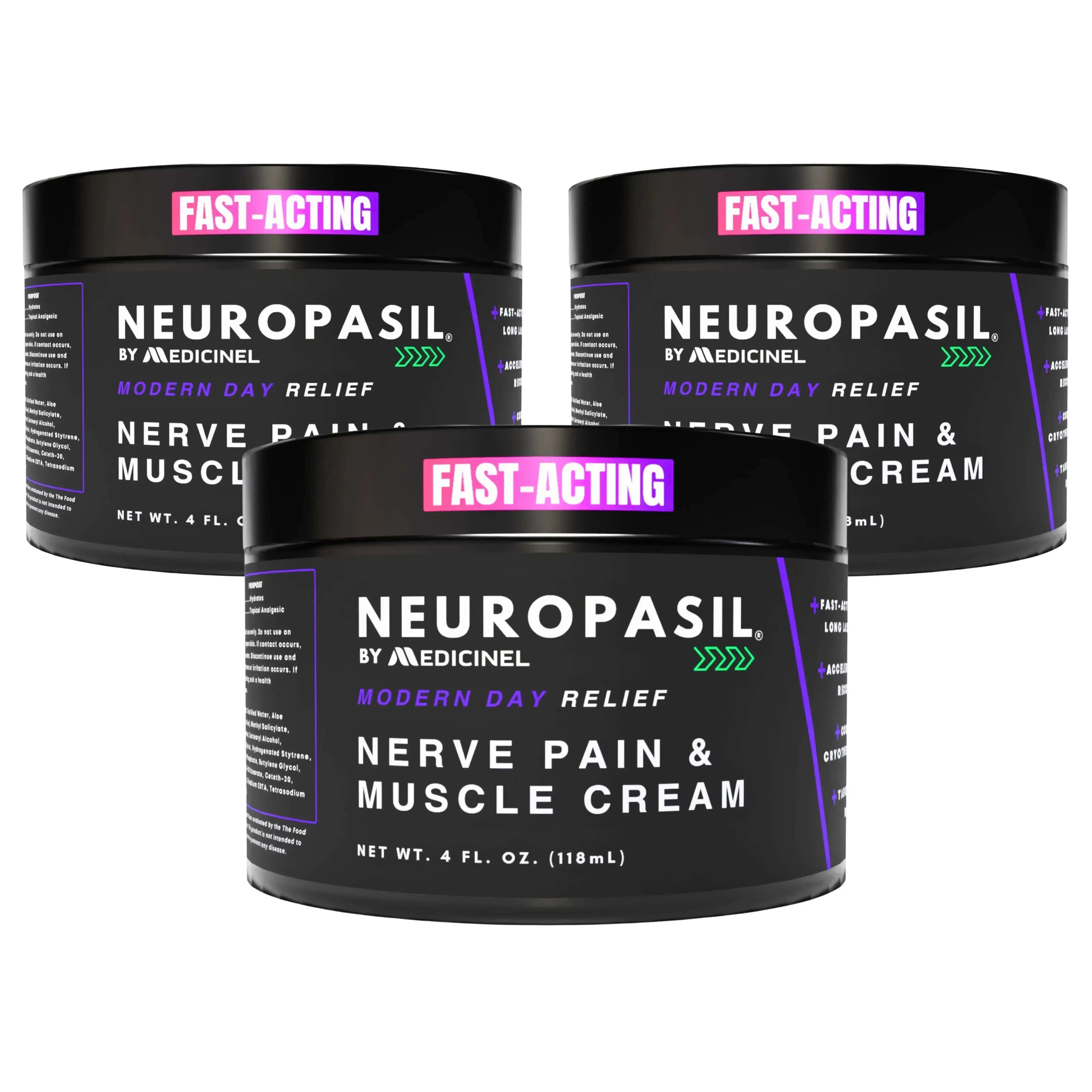 Three-pack of Neuropasil Nerve Pain & Muscle Cream 4 oz jars offering value bundle for long-term nerve and muscle pain relief.