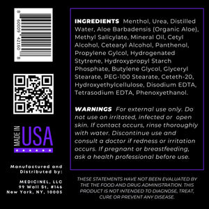Close-up of Neuropasil Cream ingredients list including menthol, urea, and aloe vera. Includes usage warnings and manufacturer details.