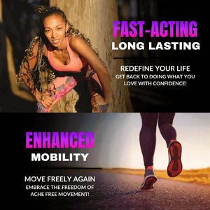 Promotional image showing active woman and runner with text highlighting Neuropasil’s fast-acting, long-lasting relief and enhanced mobility benefits.