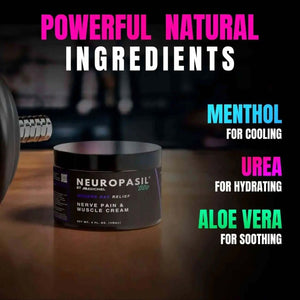 Neuropasil Nerve & Muscle Cream with natural ingredients like menthol, urea, and aloe vera for cooling, hydrating, and soothing pain relief.