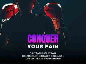 Neuropasil cream ad featuring boxer with slogan 'Conquer Your Pain' emphasizing strength and comfort through pain relief.