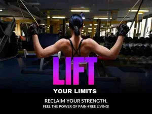 Neuropasil cream ad with woman lifting weights, promoting pain-free strength and the ability to lift your limits.