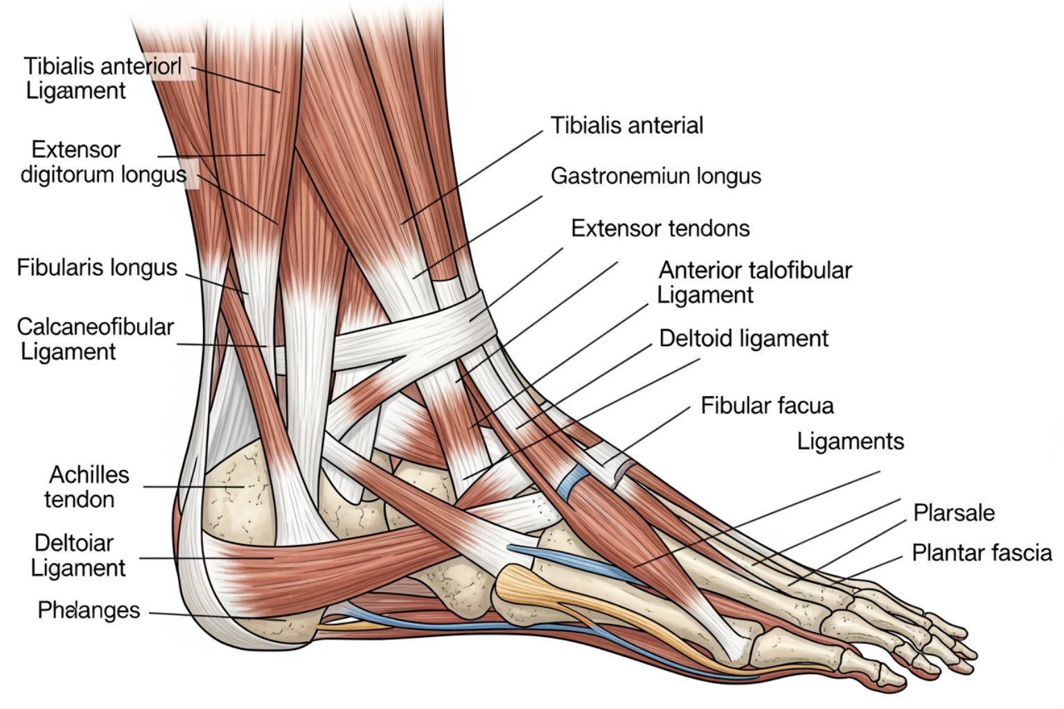 Detailed anatomical illustration of foot muscles, tendons, and ligaments.