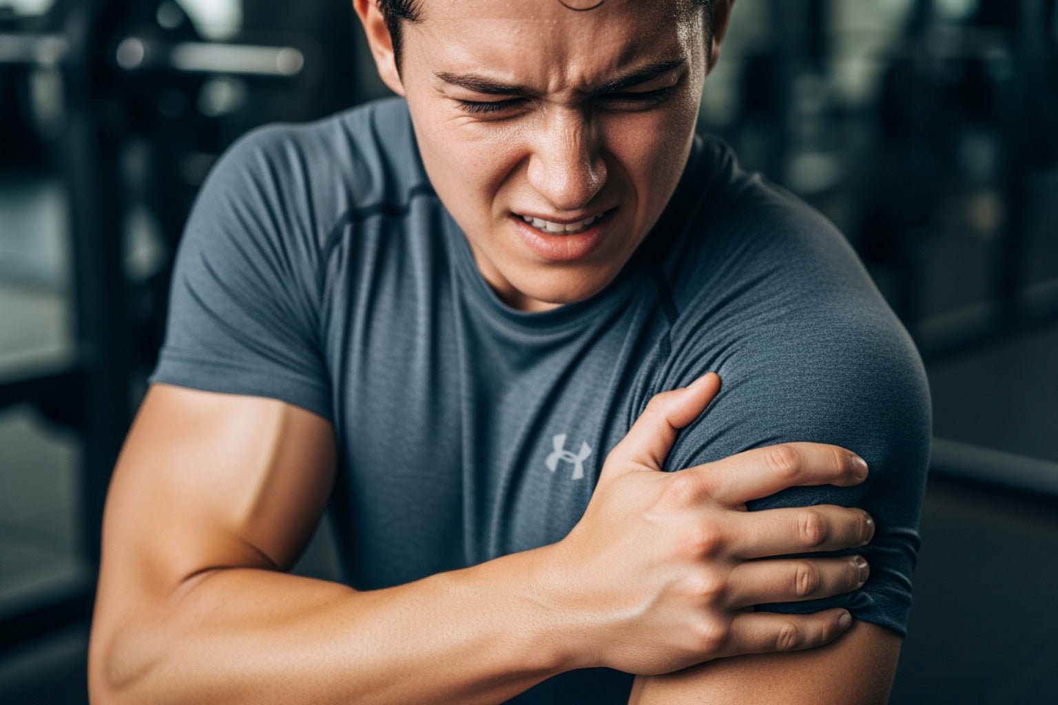 Man in gym holding sore arm after workout, showing muscle pain.
