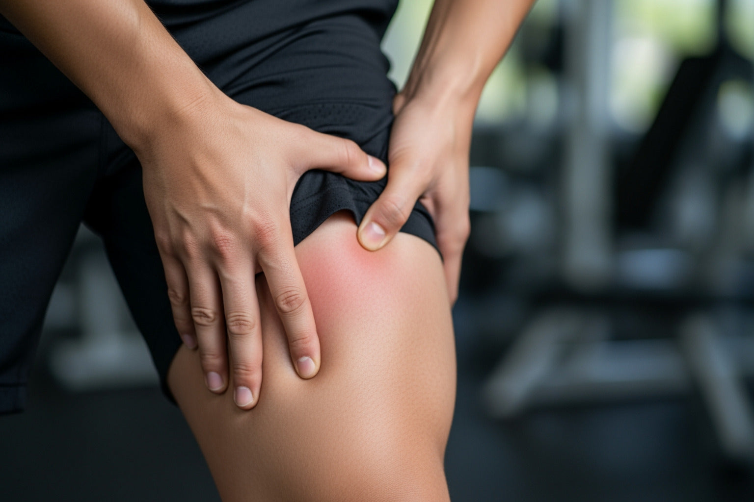 Person holding sore quad muscle with visible redness in gym setting.