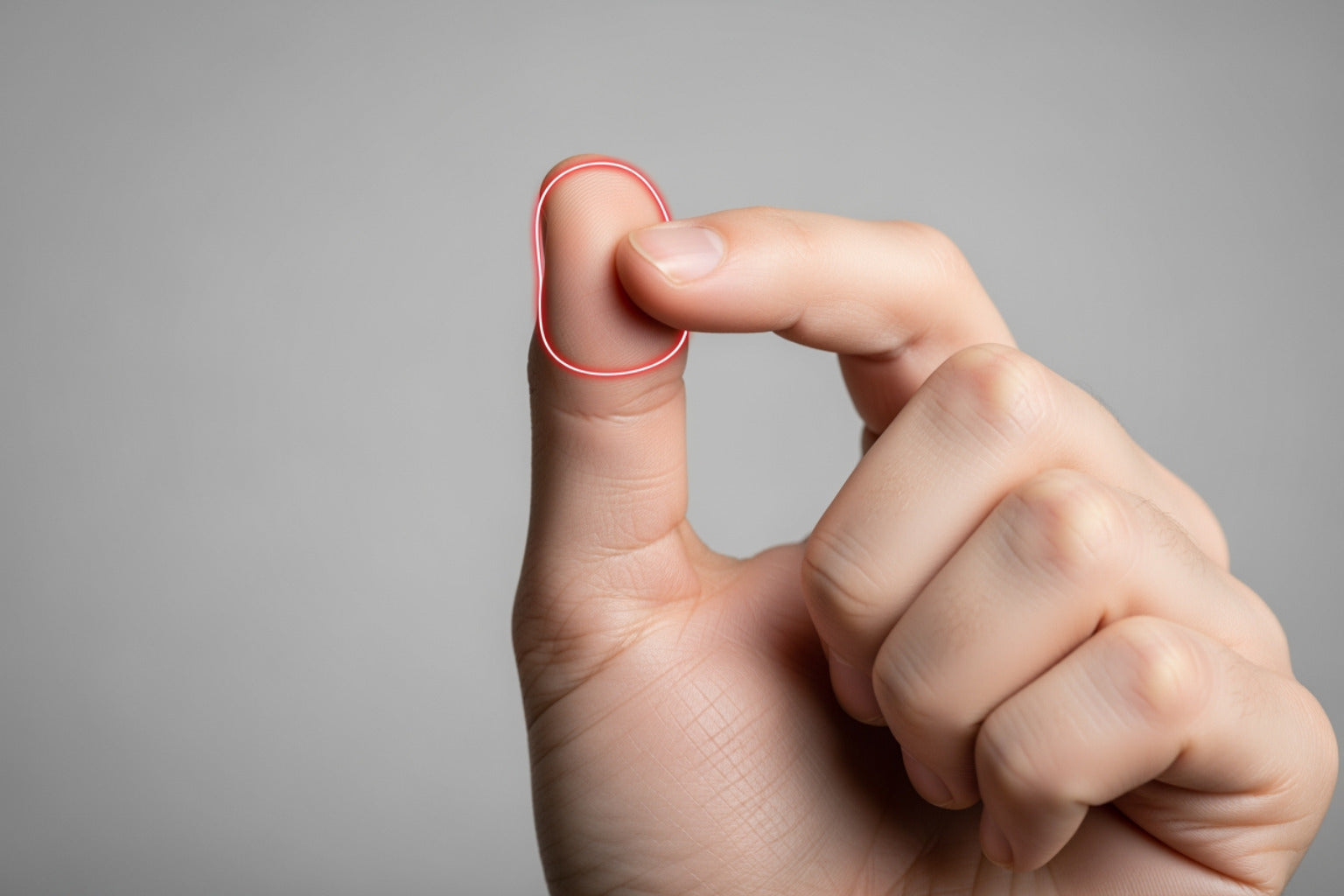 Hand pinching thumb with red outline indicating thenar muscle pain