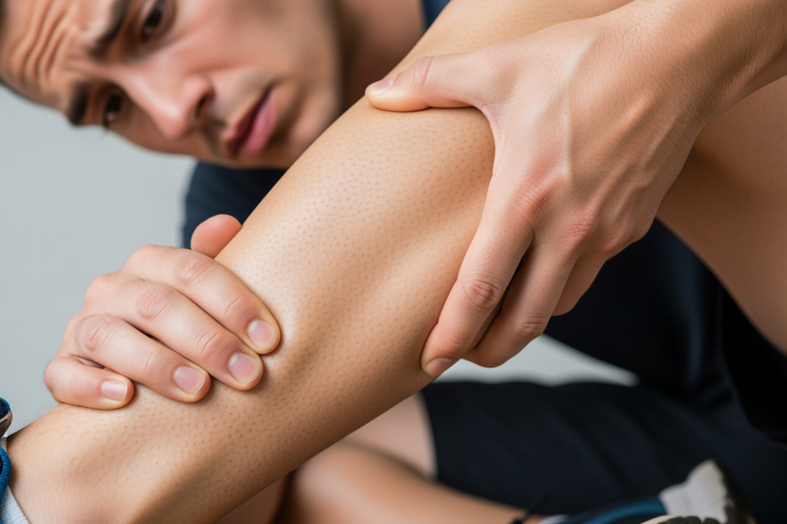 Man massaging tight calf muscle for effective relief methods