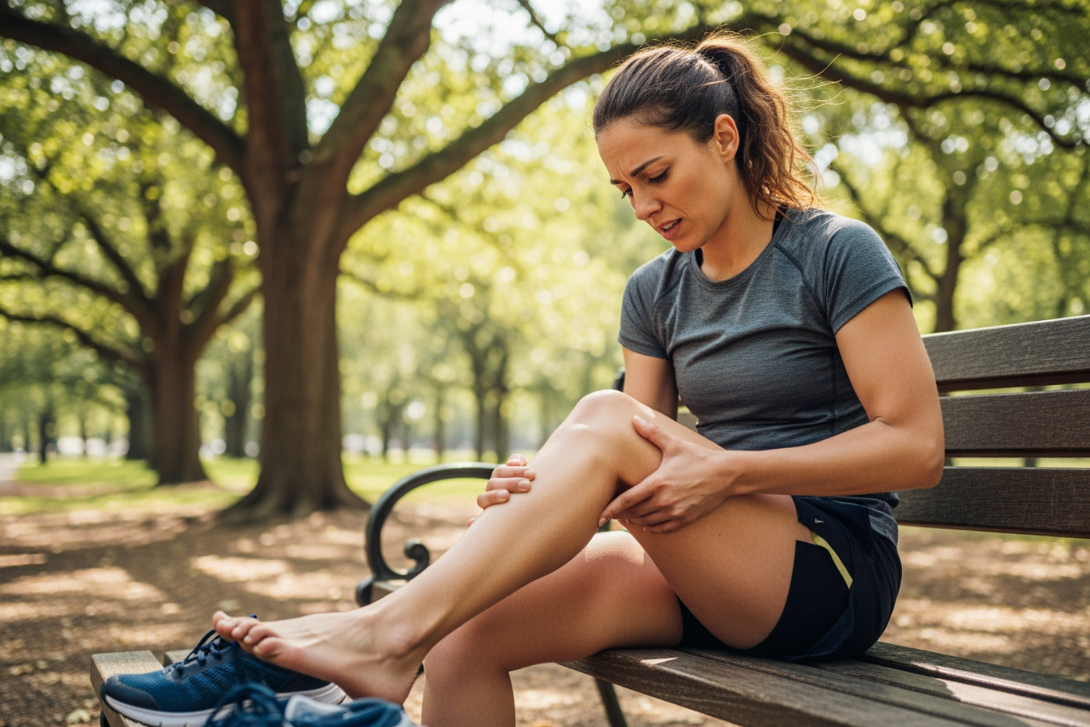 Woman in pain holding leg after running on park bench.