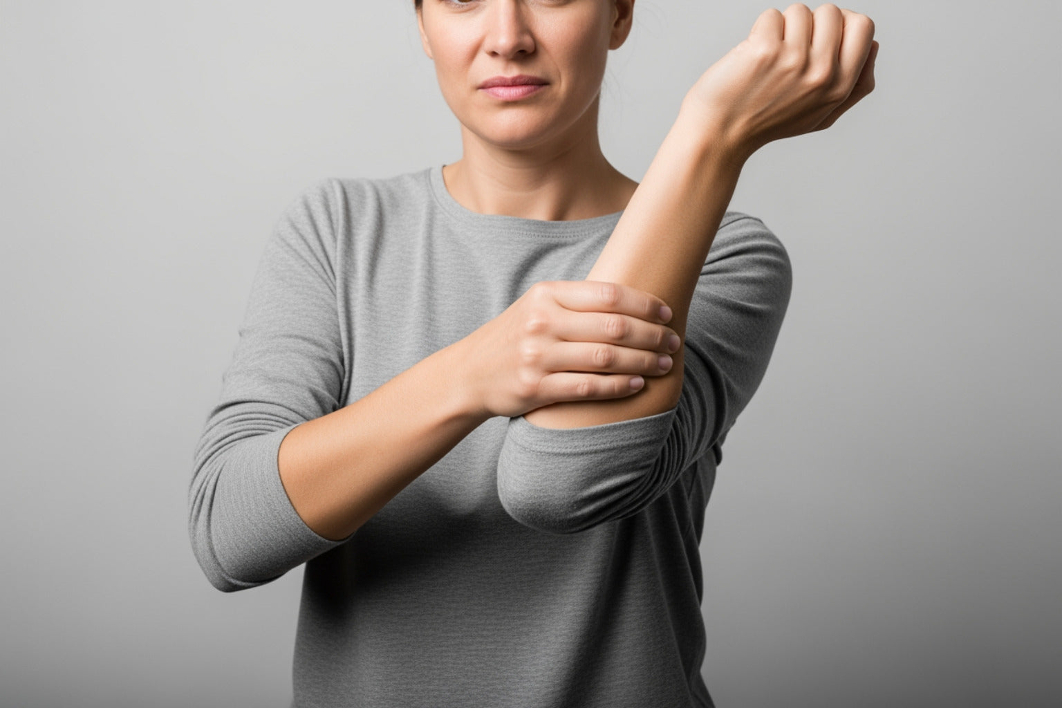 Woman holding left arm in pain, showing muscle discomfort symptoms.