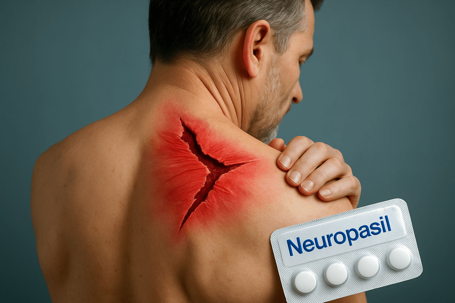 Man with torn trapezius muscle holding shoulder, Neuropasil pain relief pills shown.