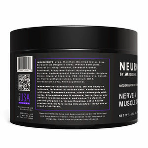 Neuropasil Cream ingredients and safety warnings on product label. Made in USA topical pain relief for arthritis, neuropathy, and muscle aches.
