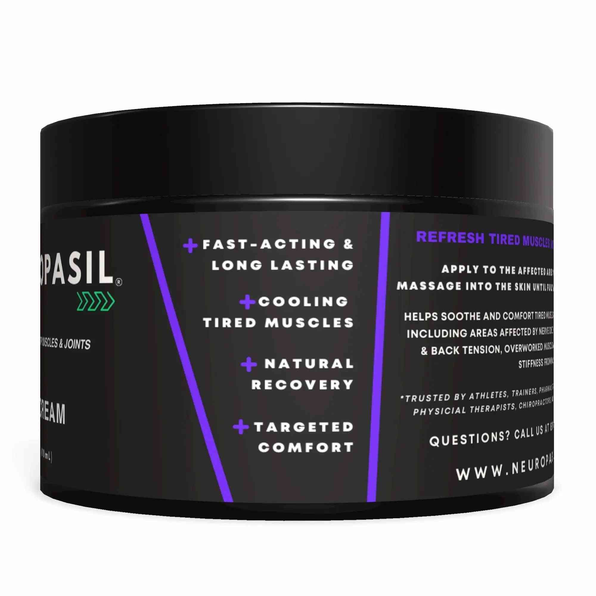 Side label of Neuropasil Muscle Relief and Nerve Cream highlighting fast-acting, cooling, and targeted comfort benefits for nerve and joint pain.