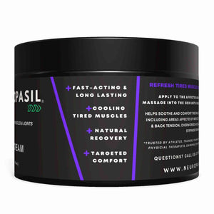 Side label of Neuropasil Muscle Relief and Nerve Cream highlighting fast-acting, cooling, and targeted comfort benefits for nerve and joint pain.