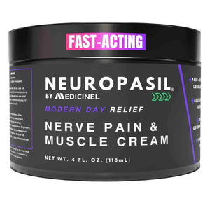 Neuropasil Nerve Pain & Muscle Cream 4 Oz jar with fast-acting label, ideal for sciatica, arthritis, and neuropathy relief.